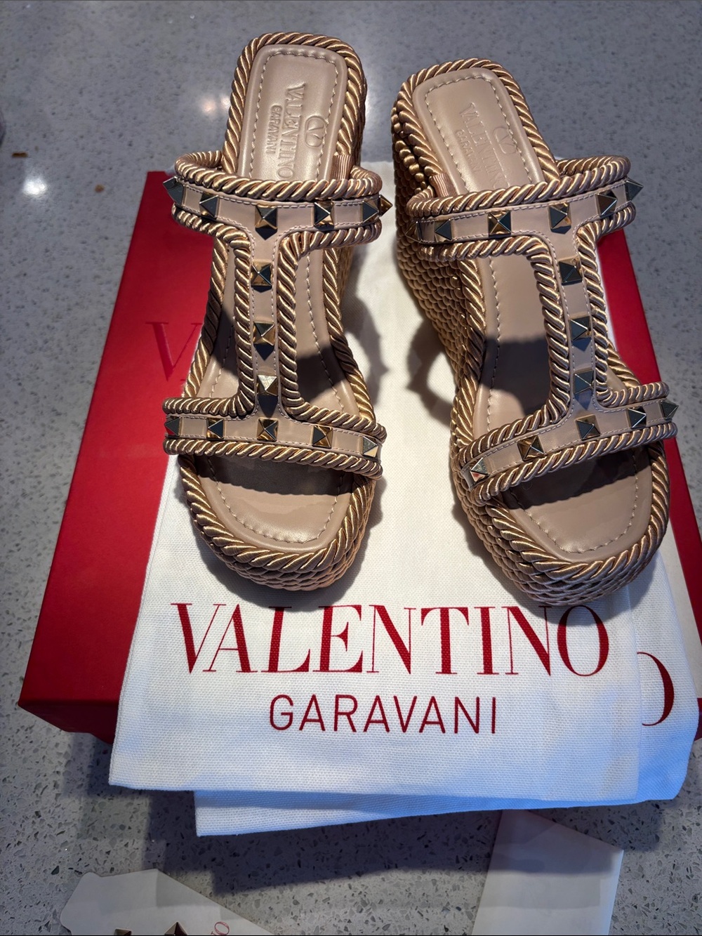 Valentino Studded Rope-Trim Slide Sandals — Beige
